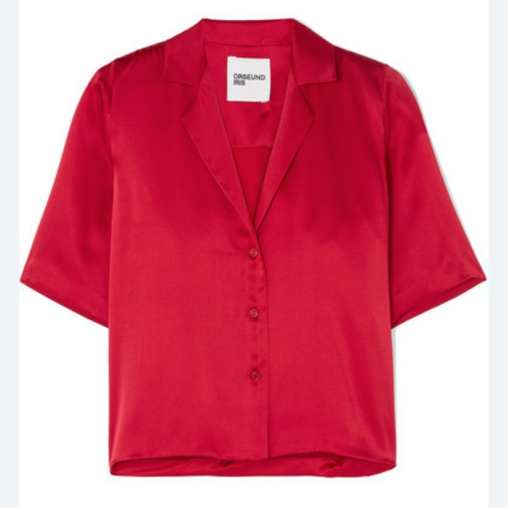 Orseund Iris Red Cuffed Sleeve Button Down silk shirt